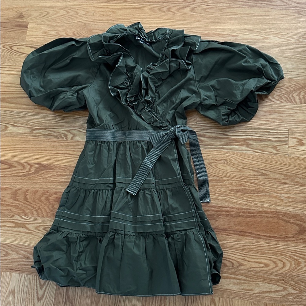 En Saison Olive Green Ruffled Wrap Dress